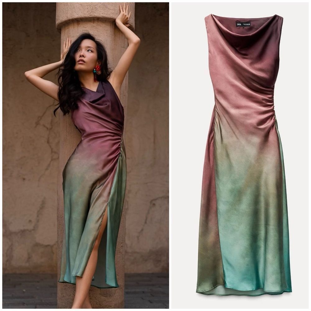 Zara Ombre Satin Slip Dress in Mauve to Teal